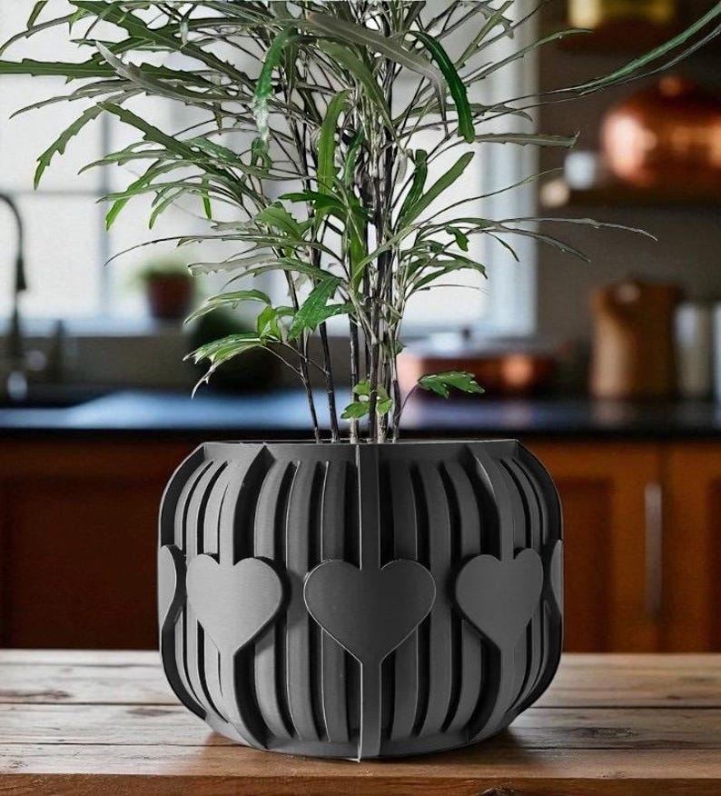 May include: A dark gray, heart-adorned planter pot holds a green plant with long, slender leaves. The pot has a unique design with vertical slats and three heart cutouts. The pot sits on a wooden surface, with a blurred kitchen background.