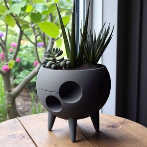 Puede incluir: Una maceta gris esf&eacute;rica con tres patas y tres recortes circulares. La maceta contiene varias peque&ntilde;as suculentas y otras plantas. La maceta est&aacute; sobre una mesa de madera frente a una ventana.