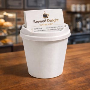 May include: A white paper coffee cup filled with business cards. The cards display the text "Brewed Delight COFFEE SHOP" with a coffee cup logo. Contact information is also visible on the cards. The cup sits on a wooden surface.