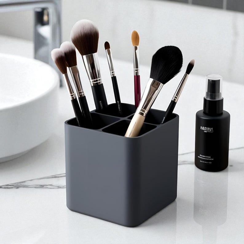 May include: A dark gray makeup brush holder with multiple compartments, filled with various makeup brushes. A black spray bottle with white text is to the right. The brushes have black handles and soft bristles.