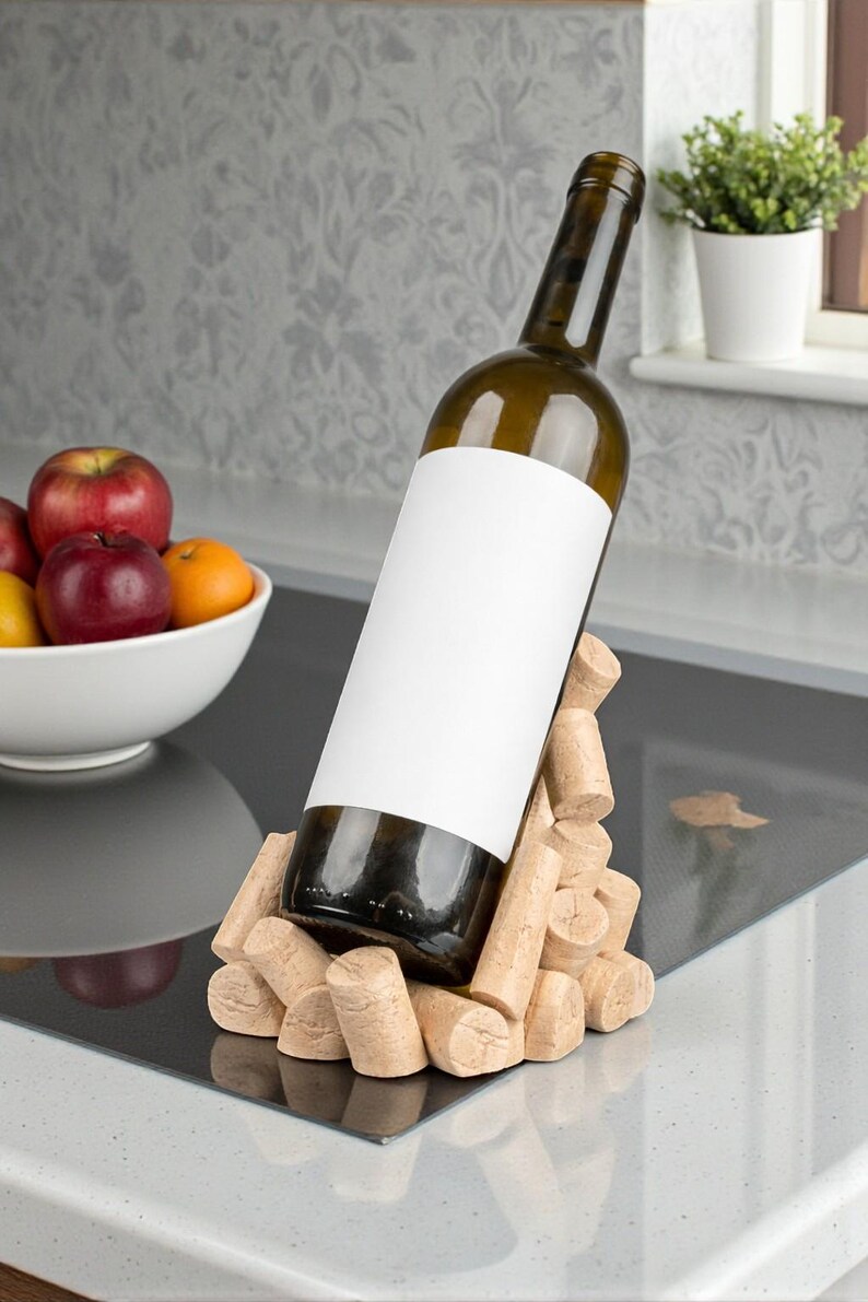Puede incluir: Una botella de vino con una etiqueta en blanco se muestra en un soporte para botellas de vino de corcho. El soporte est&aacute; hecho de corchos apilados. Un cuenco de fruta est&aacute; en el fondo.