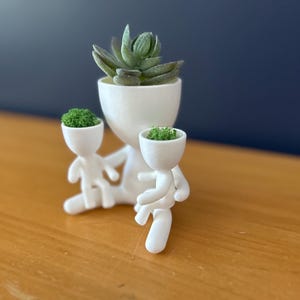May include: A white ceramic planter shaped like a family, holding small green plants. The largest figure holds a succulent, while the smaller figures hold green moss. The planter sits on a wooden surface.