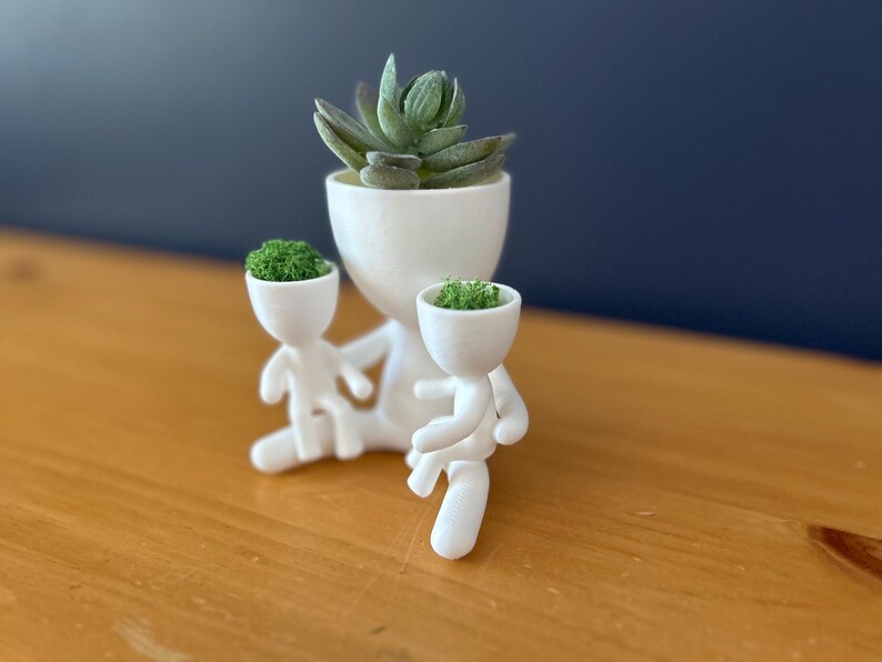 May include: A white ceramic planter shaped like a family, holding small green plants. The largest figure holds a succulent, while the smaller figures hold green moss. The planter sits on a wooden surface.