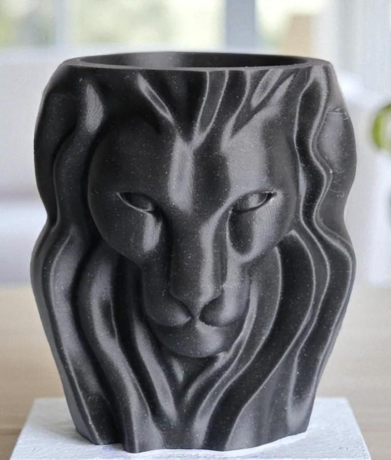 May include: A black lion head planter, 3D-printed with a detailed lion's face. The planter has a textured surface and a wide opening for plants. The lion's mane is sculpted with flowing lines. This decorative item is suitable for indoor use.