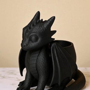 May include: A black dragon-shaped planter with a detailed, textured surface. The dragon has large, round eyes, wings, and a tail. The planter is designed to hold small plants or other decorative items. The dragon is sitting on a surface.