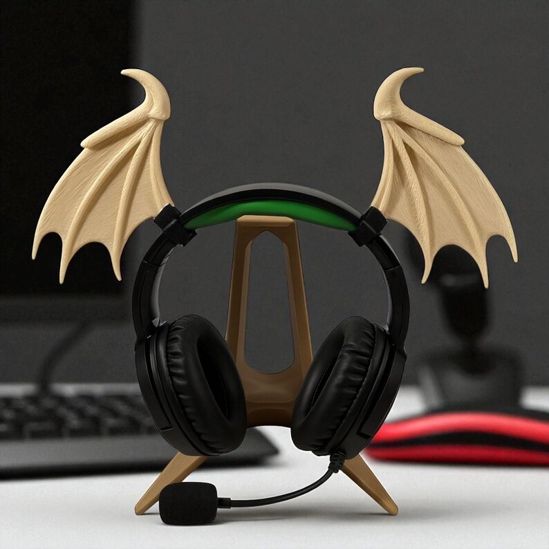 May include: A black gaming headset with a microphone rests on a tan stand with beige bat wings. The headset has a green accent on the headband. The stand is on a white surface with a computer keyboard and mouse in the background.