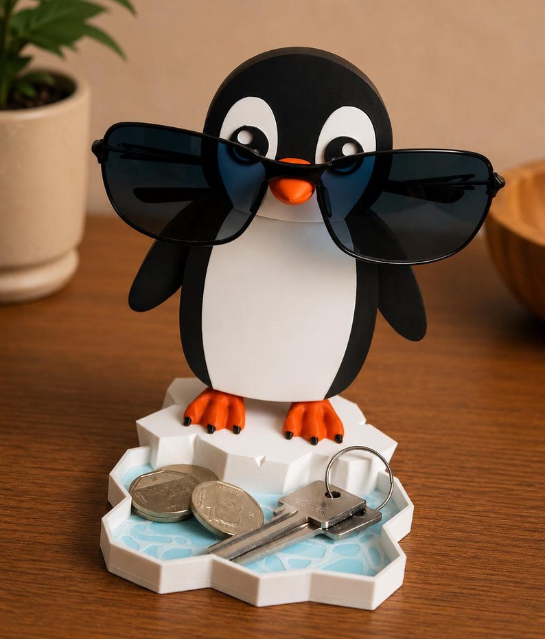 May include: A black and white penguin-shaped desk organizer with sunglasses. The penguin stands on a white iceberg-shaped tray with a light blue water design. The tray holds coins and keys.