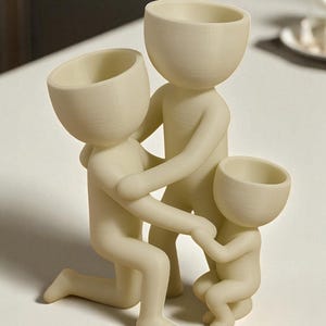 Op de afbeelding: Een cr&egrave;mekleurig familiebeeldje dat een knielende figuur, een staande figuur en een kleine zittende figuur afbeeldt, allemaal met afgeronde hoofden en vereenvoudigde lichamen. De figuren zijn in een gebaar van steun en verbinding met elkaar verweven.