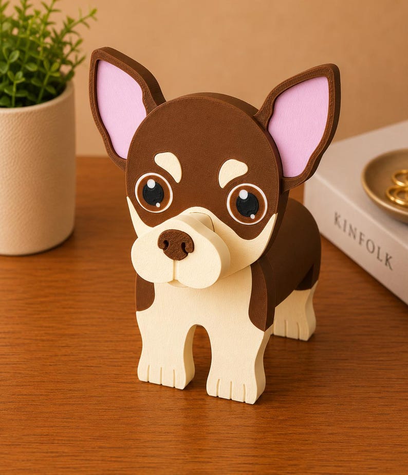 Puede incluir: Figura decorativa de chihuahua en tonos marr&oacute;n, crema y rosa. El perro tiene ojos grandes y expresivos y una nariz detallada. Las orejas son rosas por dentro. La figura est&aacute; sobre una superficie de madera.