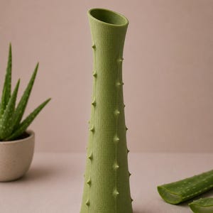 May include: A green, textured vase with a unique design, resembling an aloe plant. The vase has a conical shape with a slanted opening and is adorned with small, pointed protrusions. The image also shows aloe vera leaves.
