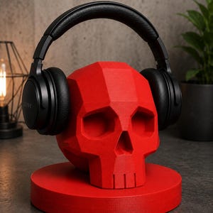 May include: A red skull-shaped headphone stand with a pair of black headphones resting on top. The stand is made of a geometric design and sits on a circular base. The headphones have the brand name "SONY" visible on the ear cup.