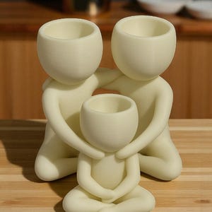 Puede incluir: Figurita familiar de color crema. Dos figuras abrazan a una figura m&aacute;s peque&ntilde;a, todas con macetas con forma de cabeza abierta. Las figuras est&aacute;n posadas sobre una superficie de madera. El objeto es decorativo.