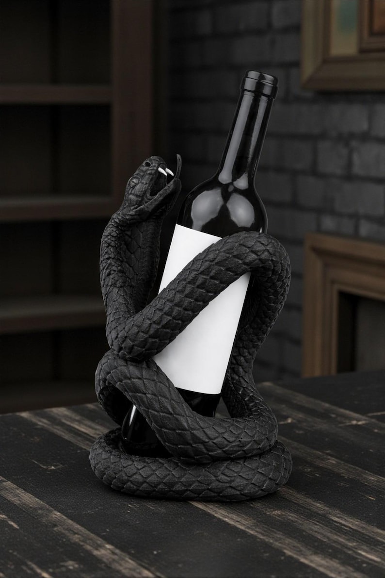 Puede incluir: Un soporte negro para botellas de vino con una serpiente texturizada detallada enrollada alrededor de una botella de vino oscura con una etiqueta blanca en blanco. La cabeza de la serpiente est&aacute; levantada, con la boca abierta. El soporte est&aacute; sobre una superficie de madera oscura.