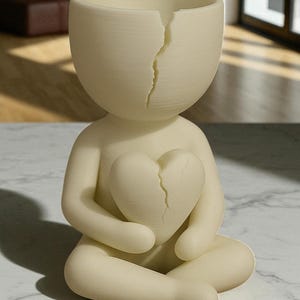 May include: A cream-colored ceramic sculpture of a person sitting cross-legged, holding a heart. The head and heart have a crack running down the middle. The sculpture is a decorative item.