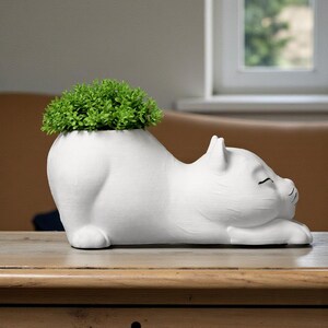 May include: A white ceramic cat-shaped planter with a green plant sprouting from its back. The cat is lying down with its eyes closed. The planter is on a wooden table.
