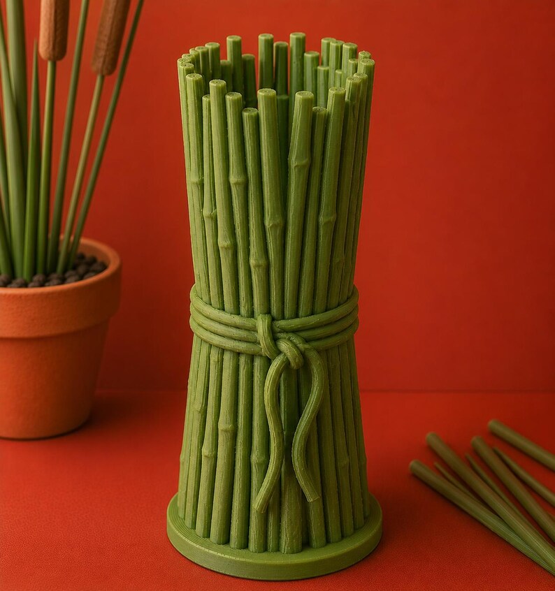 May include: A green bamboo-style vase with a bundle design. The vase is tied with a rope-like detail around the middle. The vase is cylindrical with a round base and is made of a solid green material. The background is a solid red.