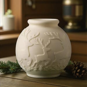 May include: Cream-colored ceramic vase with a round body and a narrow neck. The vase features a raised relief design of deer in a forest setting. A pine branch and a pine cone are on the wooden surface.