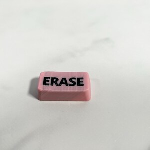 May include: A pink rectangular eraser with the word "ERASE" printed in black letters.