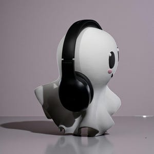 May include: A white ghost-shaped headphone stand with black headphones. The stand has a cartoonish design with black eyes and pink cheeks. The headphones are wireless and sit over the top of the ghost's head.