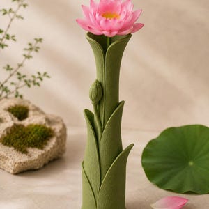 以下が含まれることがあります： 鮮やかなピンク色の蓮の花と黄色の中心部が特徴の、緑色の蓮の茎の形をした装飾的な花瓶。 花瓶にはつぼみのディテールと葉のようなアクセントがあります。 2枚のピンク色の花びらが花瓶の隣にあります。 全体的なテーマは花柄と装飾です。