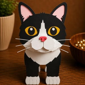 May include: A handcrafted paper cat sculpture in black and white, with yellow eyes, pink ears, and a red nose. The cat has white whiskers and is standing upright. The sculpture is a decorative item.