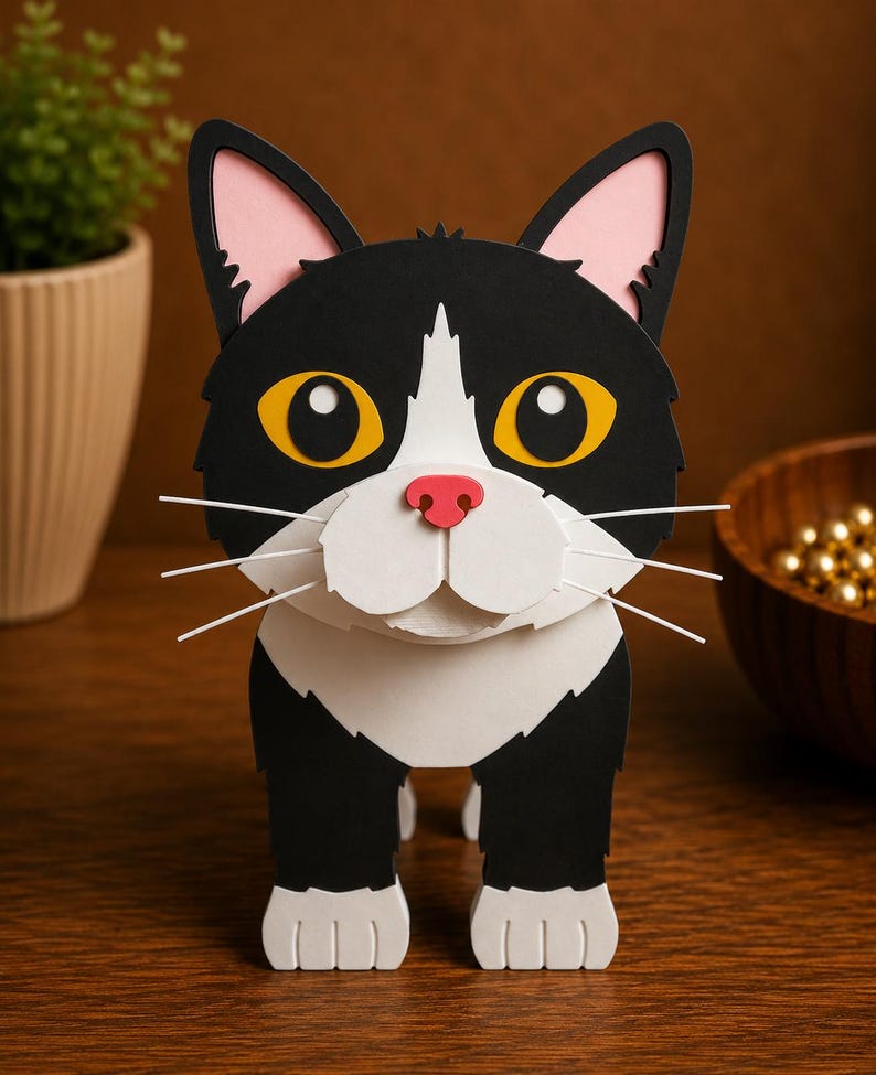 May include: A handcrafted paper cat sculpture in black and white, with yellow eyes, pink ears, and a red nose. The cat has white whiskers and is standing upright. The sculpture is a decorative item.