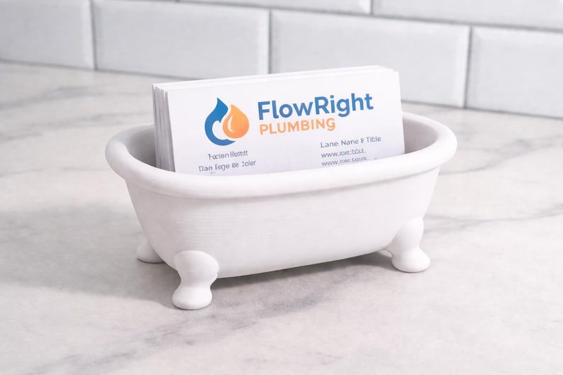 May include: A white, miniature bathtub-shaped business card holder. The holder is filled with white business cards. The cards display the "FlowRight Plumbing" logo and contact information. The holder sits on a marble surface.