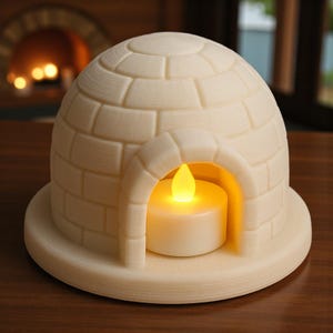 May include: A cream-coloured, 3D-printed igloo-shaped candle holder. The igloo has a rounded dome with a rectangular brick pattern and an arched doorway. A small, white candle with a flickering yellow LED light is inside.