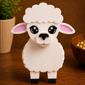 May include: A white, three-dimensional sheep figurine with a fluffy body and head. The sheep has large black eyes, pink inner ears, and black hooves. The figurine is standing on a wooden surface.