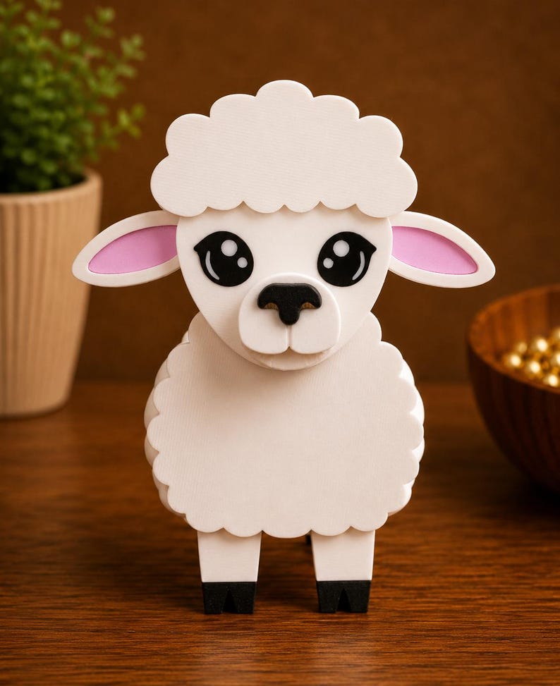May include: A white, three-dimensional sheep figurine with a fluffy body and head. The sheep has large black eyes, pink inner ears, and black hooves. The figurine is standing on a wooden surface.