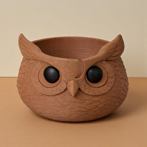 May include: A brown owl-shaped planter with large black eyes and detailed feather textures. The planter has a wide opening for plants and is made of a terracotta-like material. The owl's ears are prominent, adding to its whimsical design.