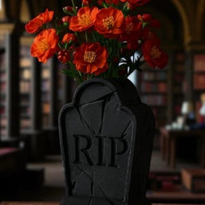 May include: A black tombstone-shaped vase with the letters "RIP" carved into the front, holding a bouquet of vibrant orange flowers with yellow centers. The vase is on a wooden surface.