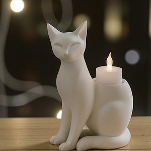 Op de afbeelding: Een witte keramische kandelaar in de vorm van een kat. De kat zit met gesloten ogen en een kleine, witte kaars zit in een houder op zijn rug. De kaars heeft een flikkerend, vlamvormig licht. De kandelaar staat op een houten oppervlak.
