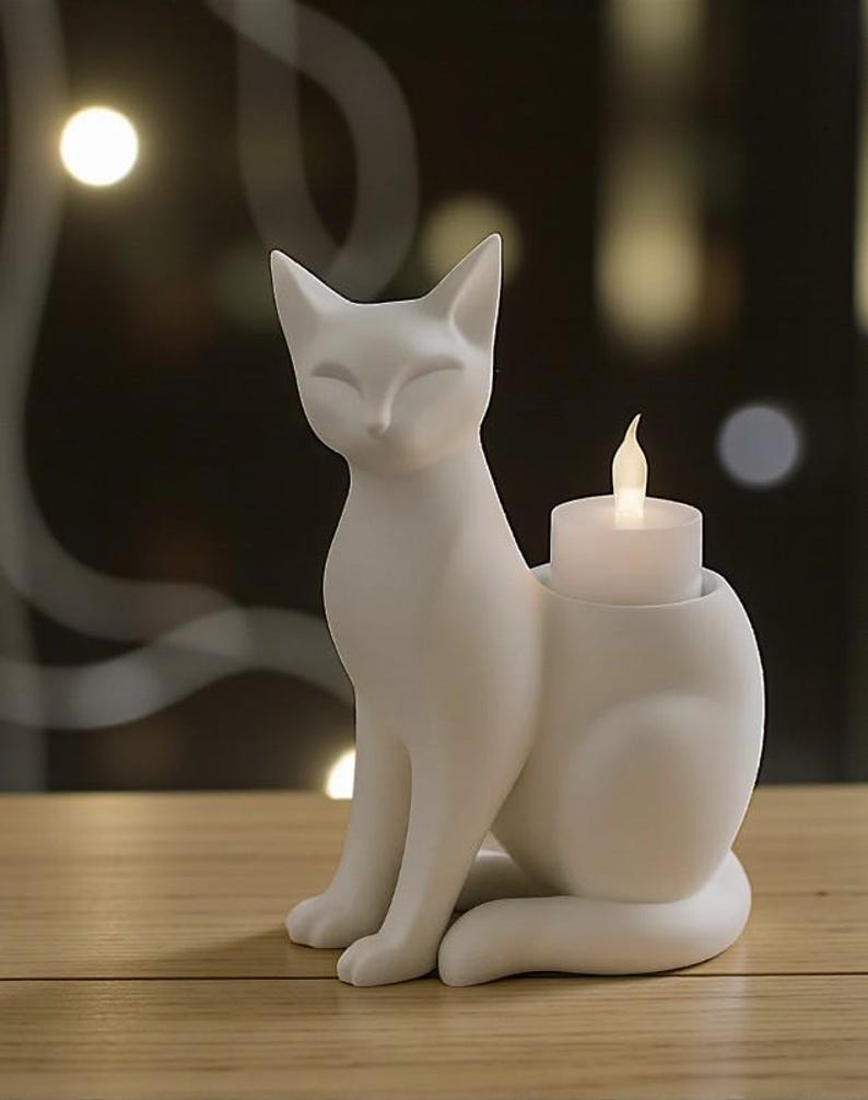 Op de afbeelding: Een witte keramische kandelaar in de vorm van een kat. De kat zit met gesloten ogen en een kleine, witte kaars zit in een houder op zijn rug. De kaars heeft een flikkerend, vlamvormig licht. De kandelaar staat op een houten oppervlak.