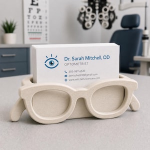 Op de afbeelding: Een lichtgekleurde houten visitekaarthouder in de vorm van een bril. De houder bevat een stapel witte visitekaartjes met de tekst "Dr. Sarah Mitchell, OD Optometrist" en contactgegevens. De achtergrond bevat een oogtestkaart en optometrieapparatuur.