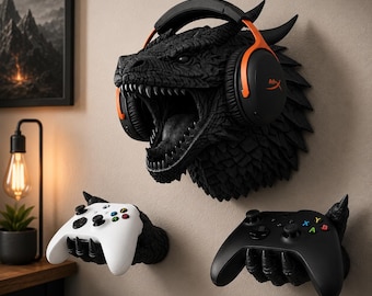Ember Dragon Gaming Wall Mount | Dragon Headphone & Controller Holder | Gaming Headset Stand