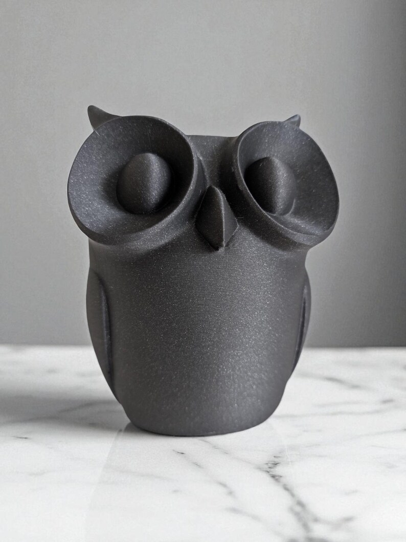 May include: A matte black owl figurine with large, round eyes and a pointed beak. The owl has a textured surface and is sitting on a white marble surface. The owl is a decorative item.