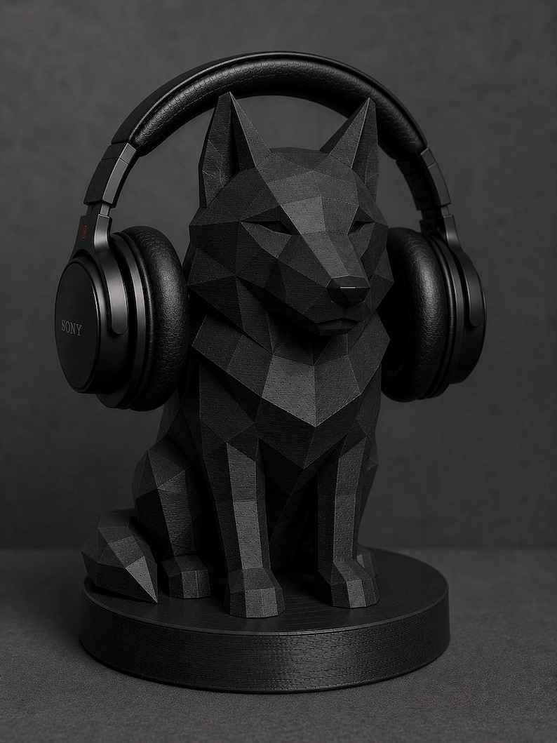 Może przedstawiać: Czarny, geometryczny stojak na słuchawki w kształcie lisa z czarnymi słuchawkami. Słuchawki mają markę "SONY". Stojak jest wykonany z matowego czarnego materiału i jest przeznaczony do trzymania słuchawek.