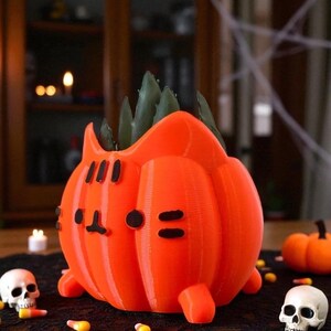 May include: An orange 3D-printed pumpkin-shaped planter with a cat face design. The planter holds a green succulent plant. The image also includes Halloween decorations like candy corn and skull figurines.