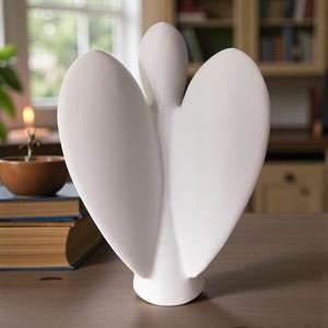 May include: A white ceramic angel sculpture with outstretched wings. The sculpture has a smooth, matte finish and is displayed on a wooden surface. The angel's wings are large and curved, creating a heart-like shape.