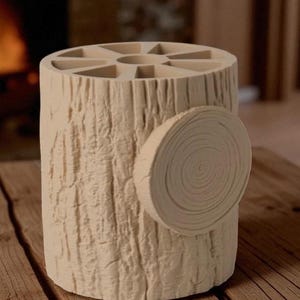 May include: A beige, cylindrical pen holder designed to resemble a tree trunk. The top features multiple compartments, and a circular, cross-section design is attached to the side. The holder sits on a wooden surface.