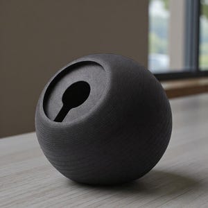 May include: A dark gray, spherical ceramic ashtray with a spoon-shaped opening. The ashtray has a textured surface and sits on a light-colored wooden surface. The design is minimalist and modern, suitable for home decor.