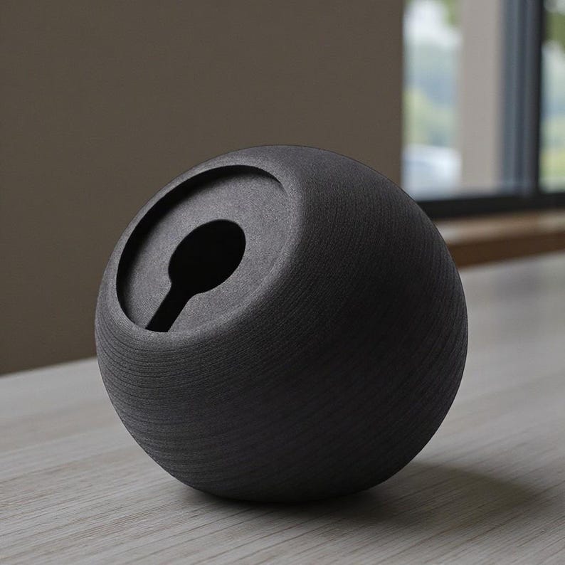 May include: A dark gray, spherical ceramic ashtray with a spoon-shaped opening. The ashtray has a textured surface and sits on a light-colored wooden surface. The design is minimalist and modern, suitable for home decor.