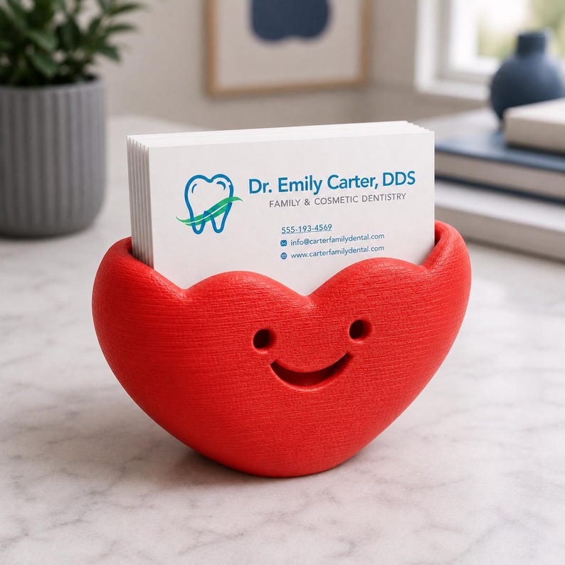May include: A red heart-shaped business card holder with a smiling face design. The holder contains white business cards with the text "Dr. Emily Carter, DDS" and contact information. The holder is on a white surface.