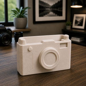 May include: A light beige, wooden camera-shaped desk organiser. The organiser has a lens, viewfinder, and other details that mimic a vintage camera. The product is sitting on a wooden desk. A black camera is visible in the background.