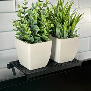 May include: Two potted plants, one with green leaves and one with long green blades, sit on a black metal shelf attached to a black surface. The shelf has a grid pattern.