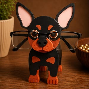 May include: A black and orange dog-shaped eyeglasses holder with a pair of black-framed glasses. The holder has large ears with pink inner ears and is standing on a wooden surface. The dog's face and paws are orange.