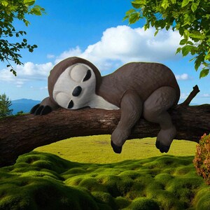May include: A brown and white sloth sculpture rests on a tree branch. The sloth is depicted asleep, with closed eyes. The background shows a blue sky with clouds and green foliage, creating a natural scene.