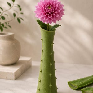May include: A green, cactus-style vase displays a bright pink dahlia. The vase features a textured finish with small, pointed details. Sliced aloe vera leaves are placed nearby, suggesting a botanical theme.
