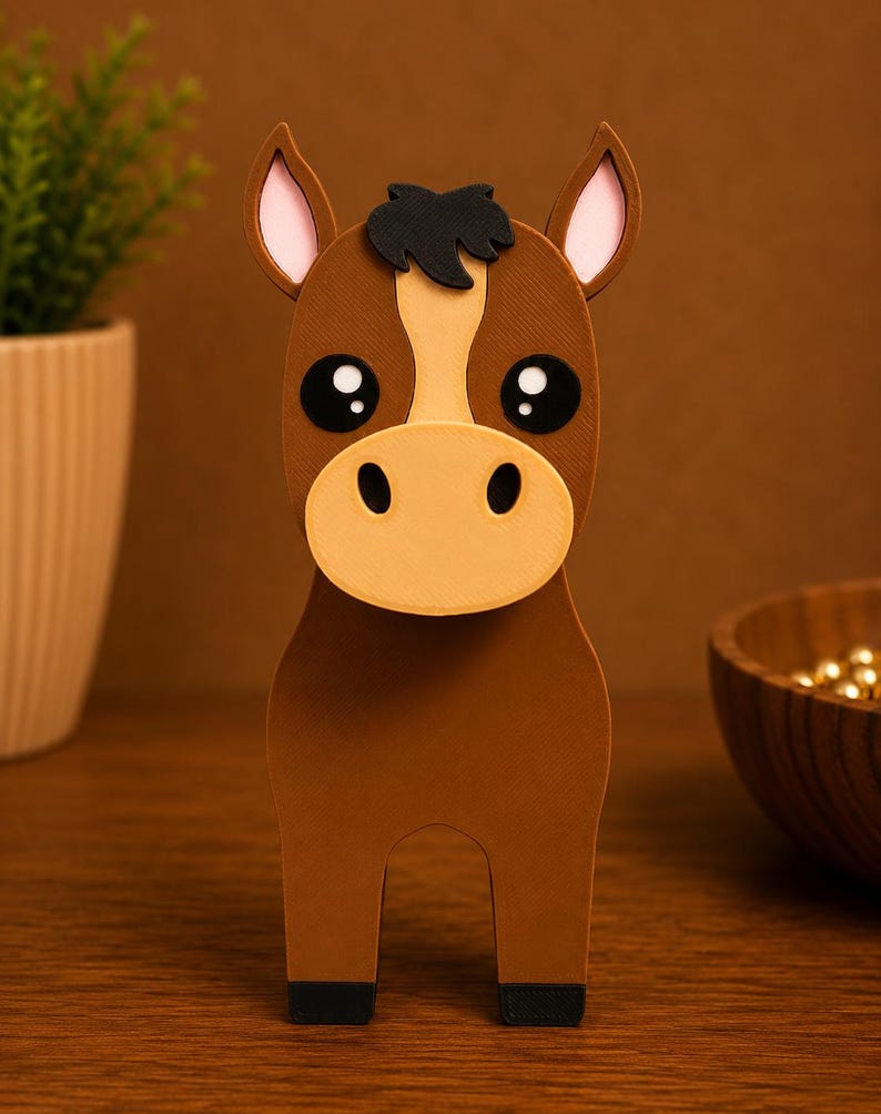 May include: A brown horse figurine with a white stripe down its face, large black eyes, and a tan muzzle. The horse has a black mane and hooves. The figurine is made of a sturdy material and stands upright on a wooden surface.